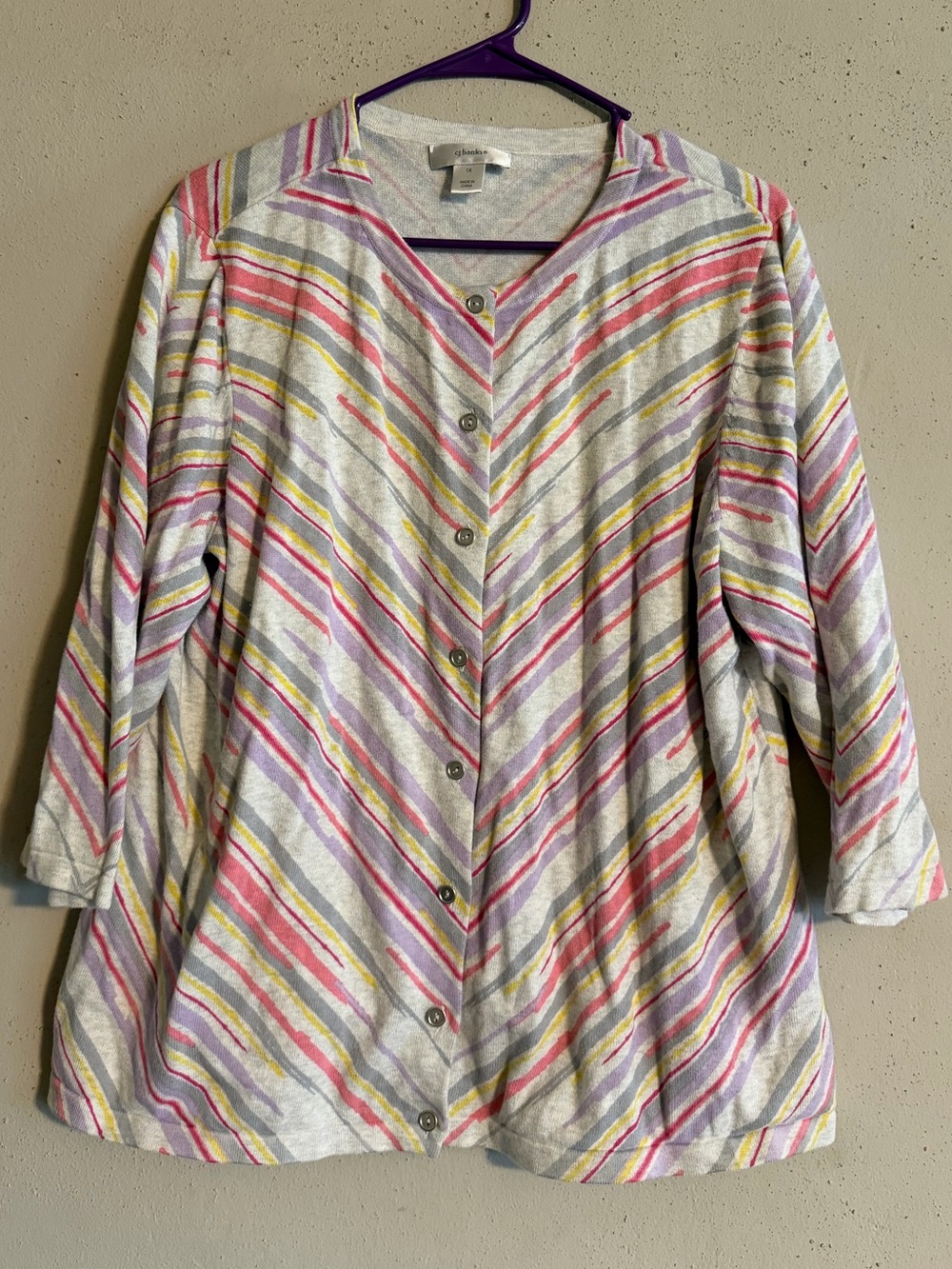Size 1X - CJ Banks Pastel Diagonal Stripe Button-Front Cardigan